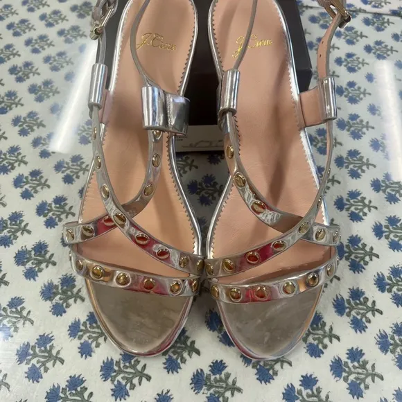 New J.Crew Silver Mirror &amp; Gold Studded Cross Strap Sandals Size 10