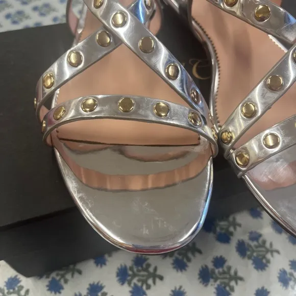 New J.Crew Silver Mirror &amp; Gold Studded Cross Strap Sandals Size 10