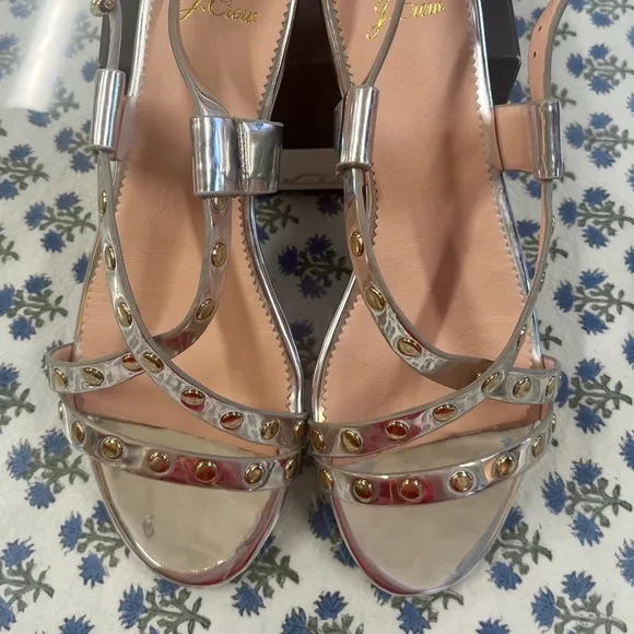New J.Crew Silver Mirror &amp; Gold Studded Cross Strap Sandals Size 10