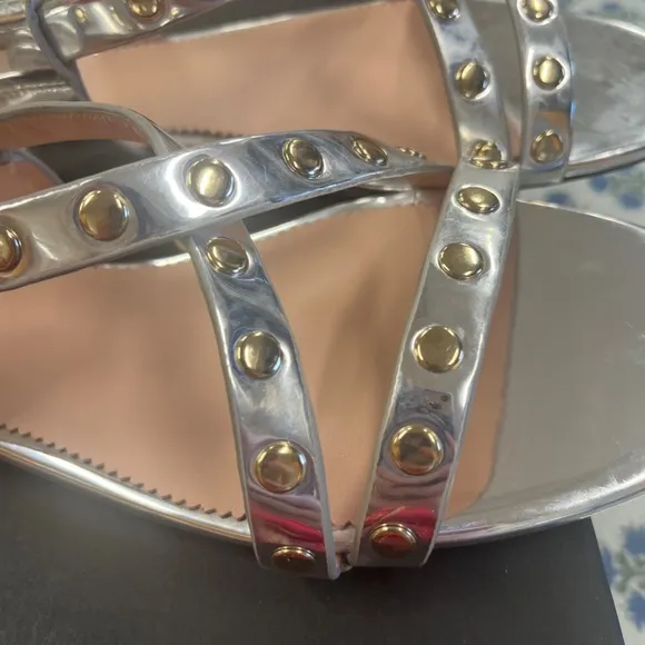 New J.Crew Silver Mirror &amp; Gold Studded Cross Strap Sandals Size 10