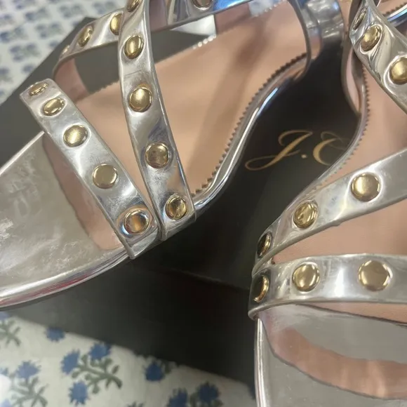 New J.Crew Silver Mirror &amp; Gold Studded Cross Strap Sandals Size 10