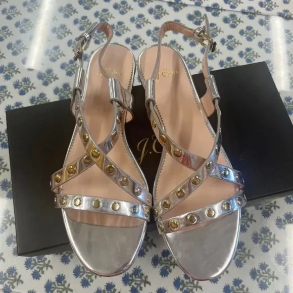 New J.Crew Silver Mirror &amp; Gold Studded Cross Strap Sandals Size 10