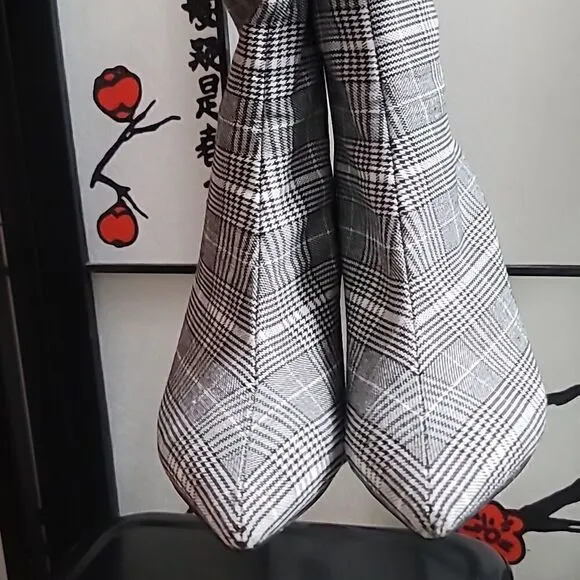 New Jeffrey Campbell Sport Black &amp; White Plaid Pointed Toe Block Heel Boots