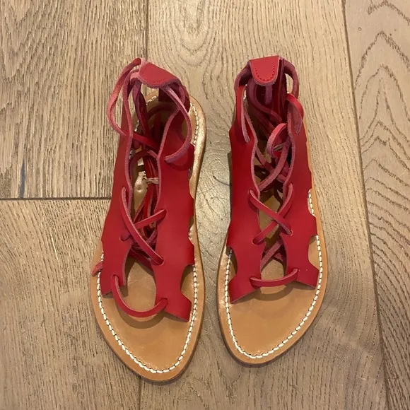 NEW K. Jacques Red Leather Janus Lace-up Sandals