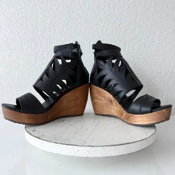 NEW Lane Boots BECCA Womens Black Wedges Size 8 Western Sandals Cowgirl Leather