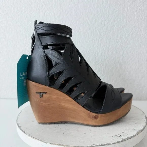 NEW Lane Boots BECCA Womens Black Wedges Size 8 Western Sandals Cowgirl Leather