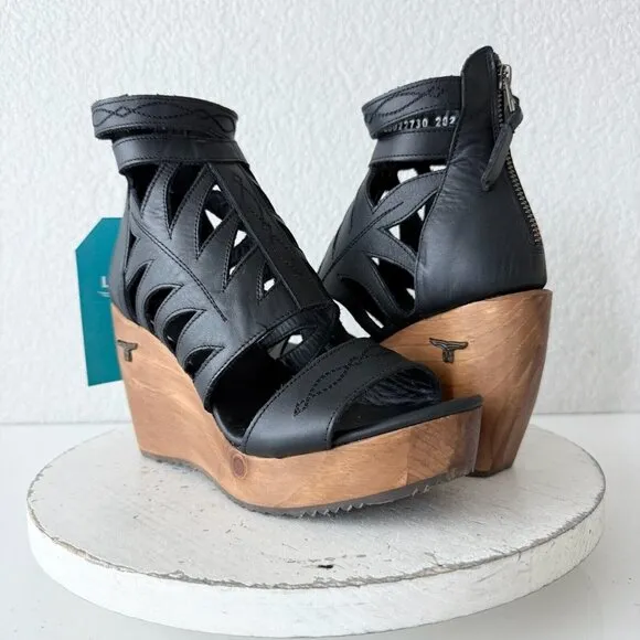 NEW Lane Boots BECCA Womens Black Wedges Size 8 Western Sandals Cowgirl Leather