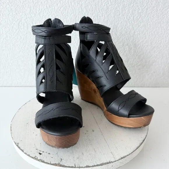 NEW Lane Boots BECCA Womens Black Wedges Size 8 Western Sandals Cowgirl Leather