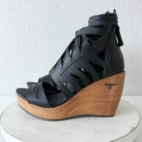 NEW Lane Boots BECCA Womens Black Wedges Size 8 Western Sandals Cowgirl Leather