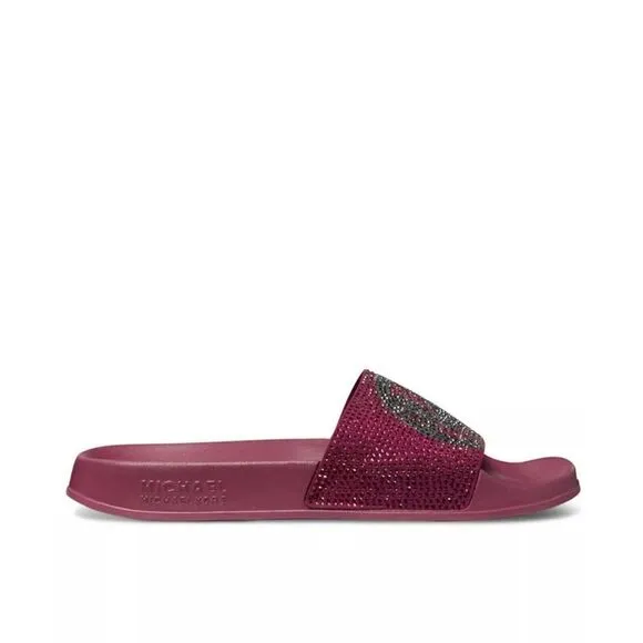 New! MICHAEL KORS Studded MK Logo Gilmore Slide Sandals Shoes Dark Berry