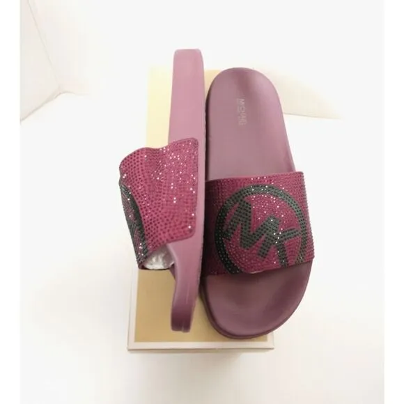 New! MICHAEL KORS Studded MK Logo Gilmore Slide Sandals Shoes Dark Berry