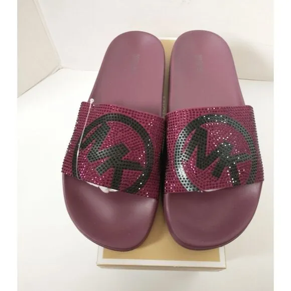 New! MICHAEL KORS Studded MK Logo Gilmore Slide Sandals Shoes Dark Berry