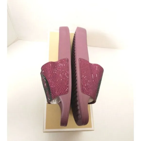 New! MICHAEL KORS Studded MK Logo Gilmore Slide Sandals Shoes Dark Berry
