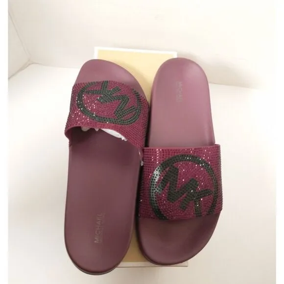 New! MICHAEL KORS Studded MK Logo Gilmore Slide Sandals Shoes Dark Berry
