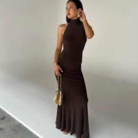 NEW NORMA KAMALI Halter Turtle Fishtail Dress Black M NWT