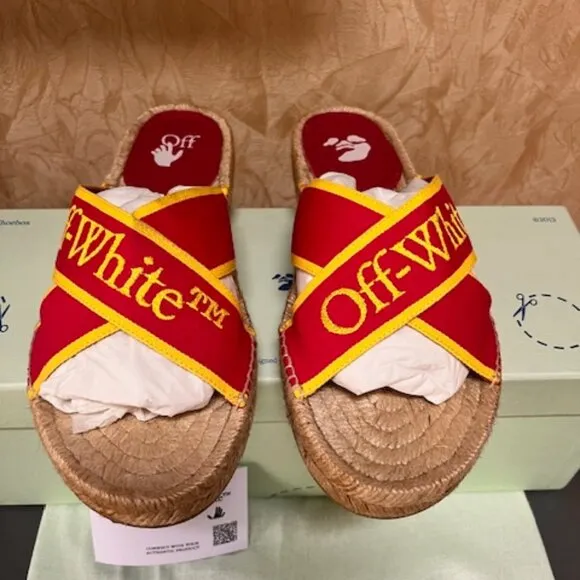 New Off-White Women's Bookish Crisscross Espadrille Slide Sandals Pink/Yellow 38