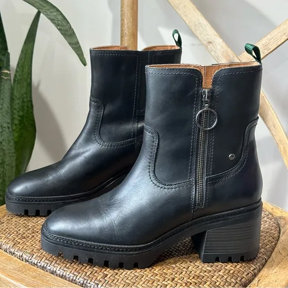 NEW Pikolinos Valladolid Leather Lug Side Zip Block Heel Boots Black