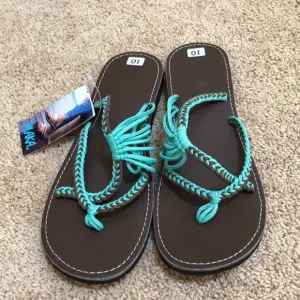 New! Plaka turquoise SZ 10 hand woven beach  sandals .