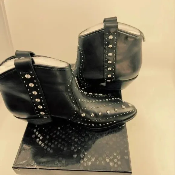 NEW Sam Edelman Brian Ankle Western Boots Pointed Toe Leather Black Womens 6M