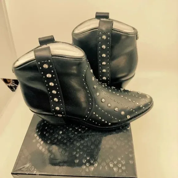 NEW Sam Edelman Brian Ankle Western Boots Pointed Toe Leather Black Womens 6M