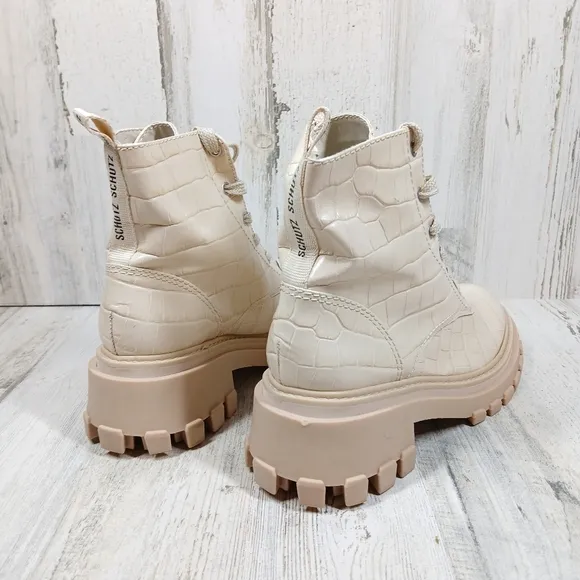 New SCHUTZ Orly Cream High-Top Combat Boots Chunky Sole and Lace-Up Design #1206