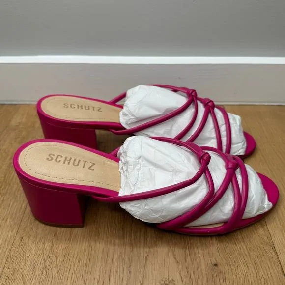 NEW Schutz Princey Strappy Slide Sandals Hot Pink Leather Block Heel, Size 8.5
