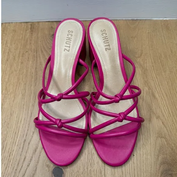 NEW Schutz Princey Strappy Slide Sandals Hot Pink Leather Block Heel, Size 8.5