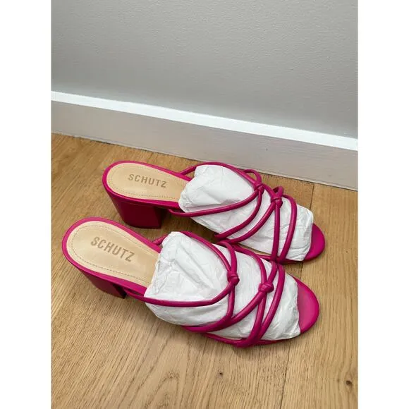 NEW Schutz Princey Strappy Slide Sandals Hot Pink Leather Block Heel, Size 8.5