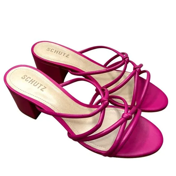 NEW Schutz Princey Strappy Slide Sandals Hot Pink Leather Block Heel, Size 8.5