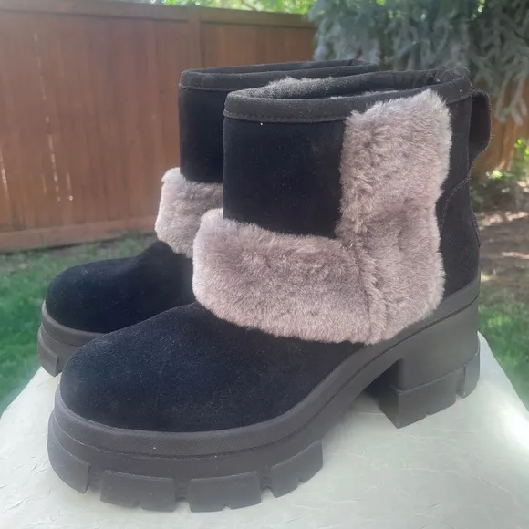 NEW UGG Brooklyn Sunburst 1145710 Black Suede &amp; Shearling Platform Chelsea Boots