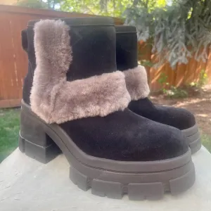 NEW UGG Brooklyn Sunburst 1145710 Black Suede &amp; Shearling Platform Chelsea Boots