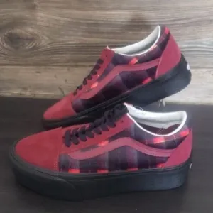 New Vans Old Skool Stacked Velvet Red Plaid Platform Sneakers Preppy Goth Skater