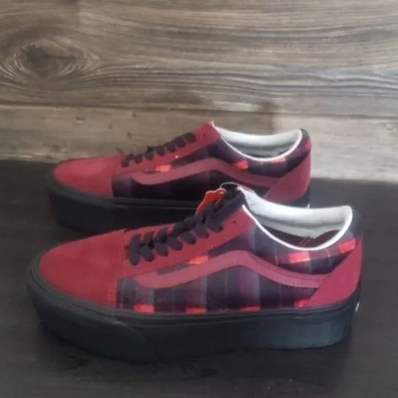 New Vans Old Skool Stacked Velvet Red Plaid Platform Sneakers Preppy Goth Skater