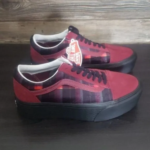 New Vans Old Skool Stacked Velvet Red Plaid Platform Sneakers Preppy Goth Skater