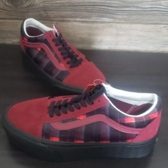 New Vans Old Skool Stacked Velvet Red Plaid Platform Sneakers Preppy Goth Skater