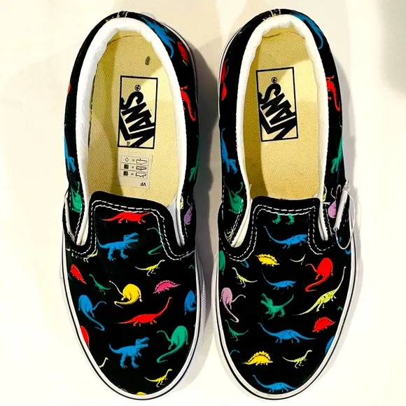 New Vans Slip-Ons Sneakers Boys 13 Girls Dinosaurs Skate Shoes Canvas Black