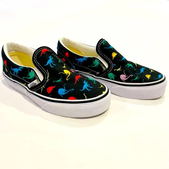 New Vans Slip-Ons Sneakers Boys 13 Girls Dinosaurs Skate Shoes Canvas Black