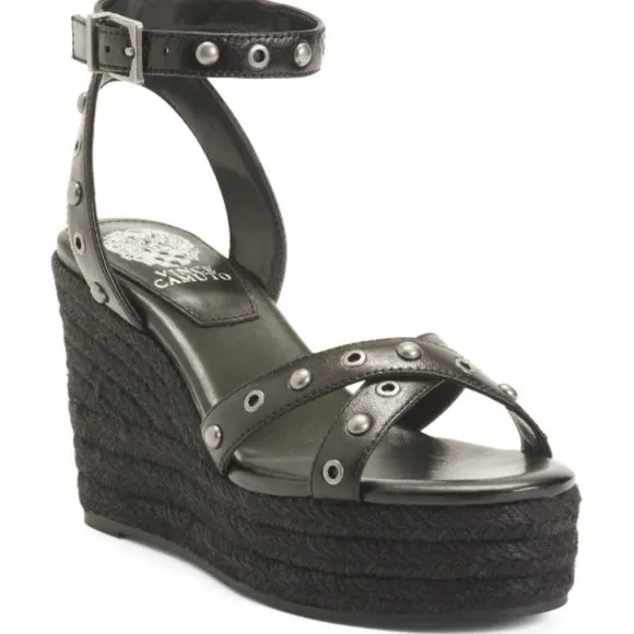 NEW VINCE CAMUTO Leather Feegella Wedge Sandals black 362tn