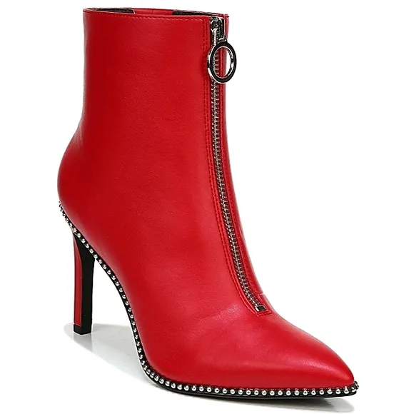 New w/Box Bar III Briget Red Faux Leather Front Zip Ball-Chain Dress Ankle Boots