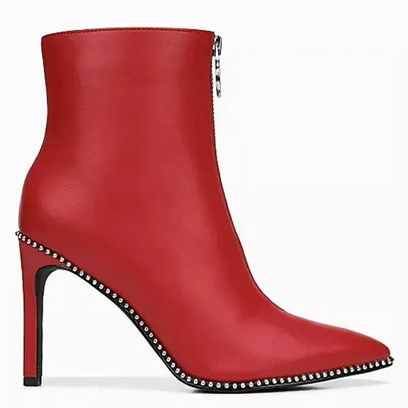 New w/Box Bar III Briget Red Faux Leather Front Zip Ball-Chain Dress Ankle Boots