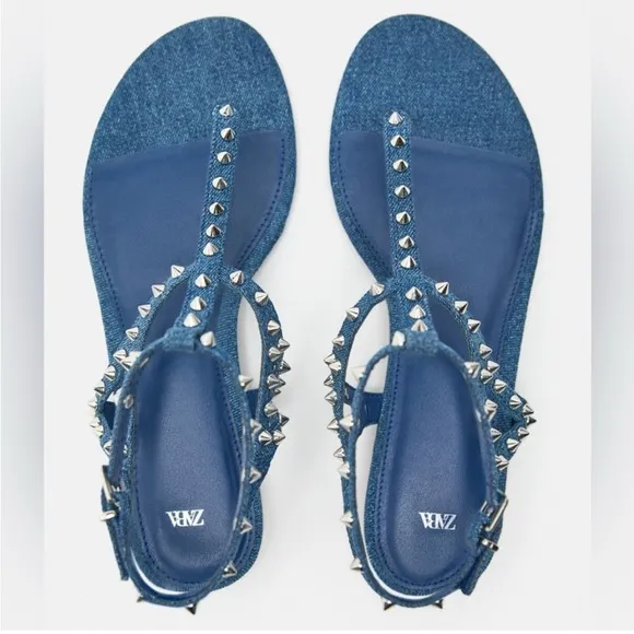 New Zara Studded Denim Sandals Sz 37/ 6.5