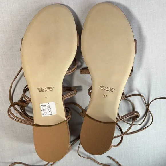 NIB Anna F. Braded Flat Sandals Size 11 Camel Leather Made in Italy