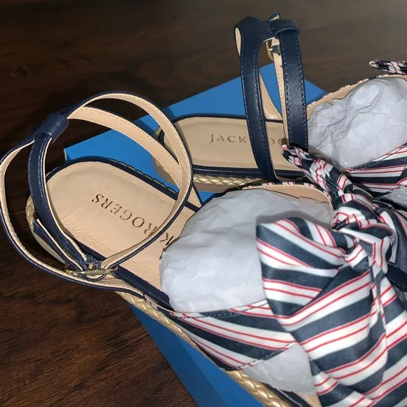 NIB Jack Rogers Heidi Blue Stripe Bow Sandals 9.5