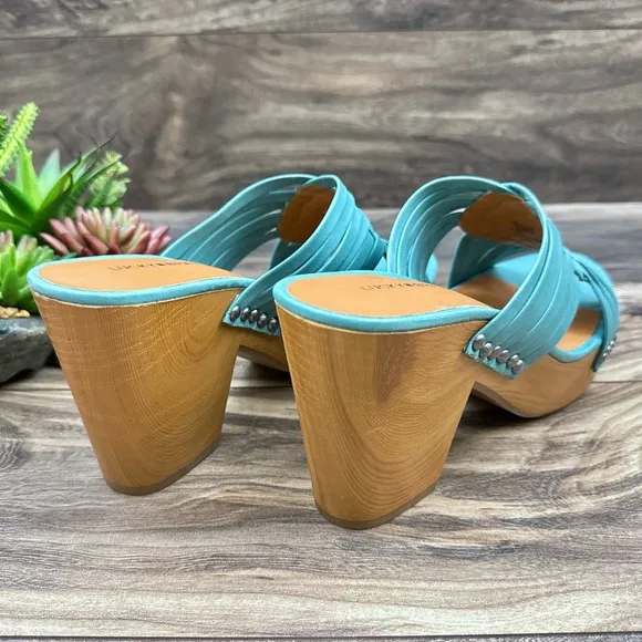 NIB Lucky Brand Tellimi 8.5M Platform Wedge Woven Leather Studded Sandals Blue