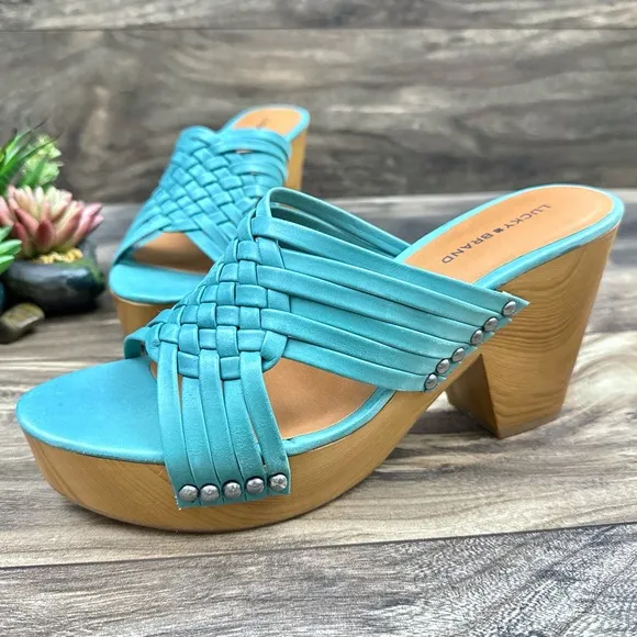 NIB Lucky Brand Tellimi 8.5M Platform Wedge Woven Leather Studded Sandals Blue