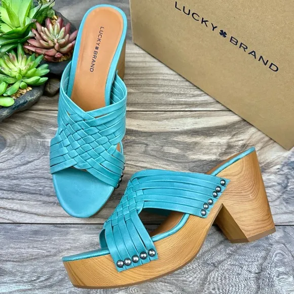 NIB Lucky Brand Tellimi 8.5M Platform Wedge Woven Leather Studded Sandals Blue