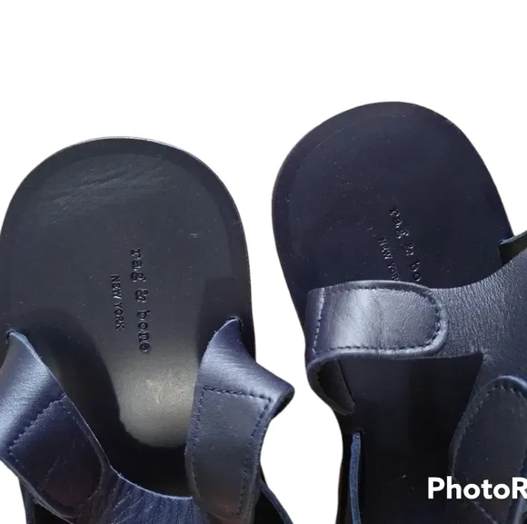 NIB Rag &amp; Bone Hester Navy Leather &amp; Wood Studded Platform Wedge Sandals size 9