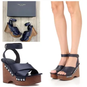 NIB Rag &amp; Bone Hester Navy Leather &amp; Wood Studded Platform Wedge Sandals size 9