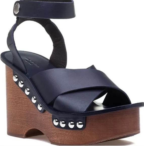 NIB Rag &amp; Bone Hester Navy Leather &amp; Wood Studded Platform Wedge Sandals size 9