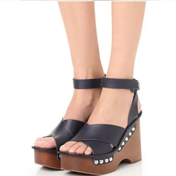NIB Rag &amp; Bone Hester Navy Leather &amp; Wood Studded Platform Wedge Sandals size 9